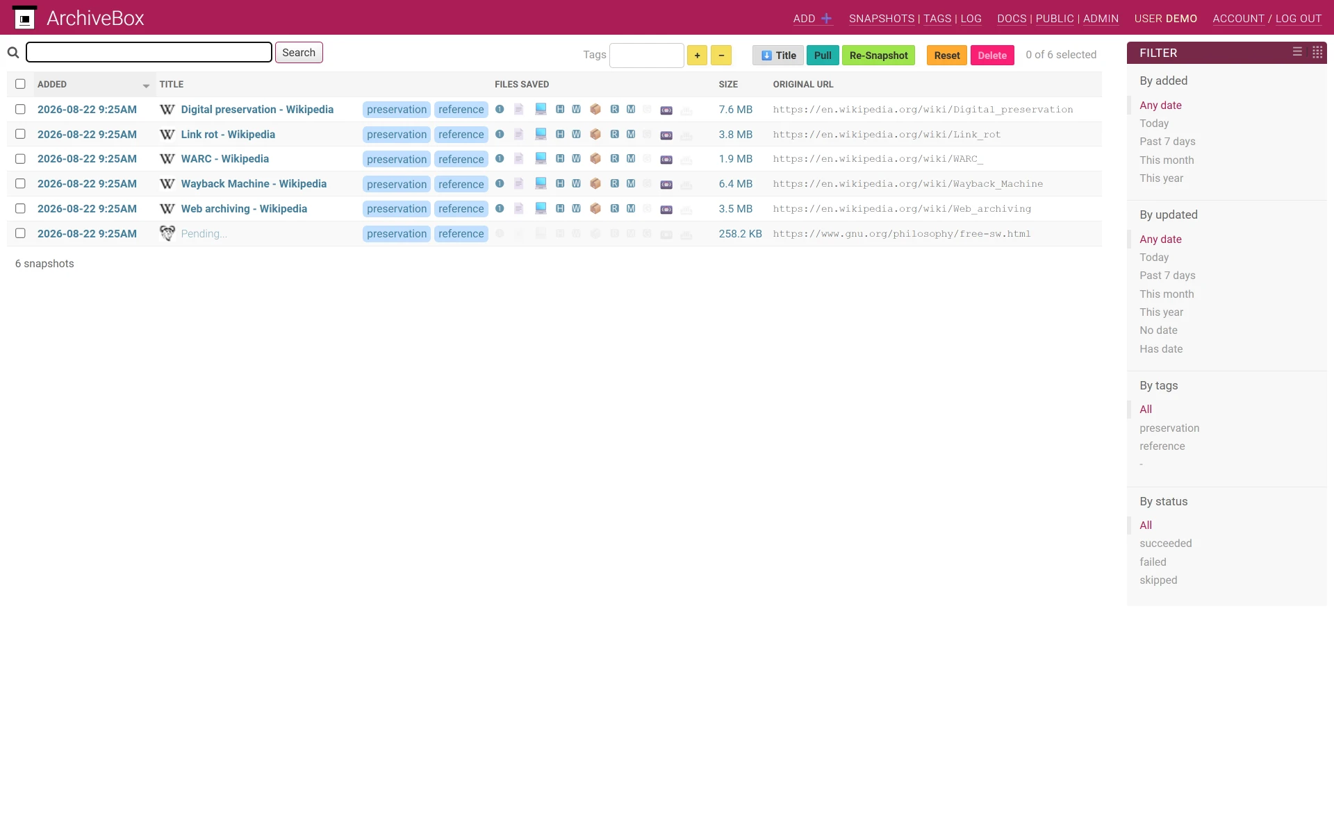 ArchiveBox, Screenshot 1