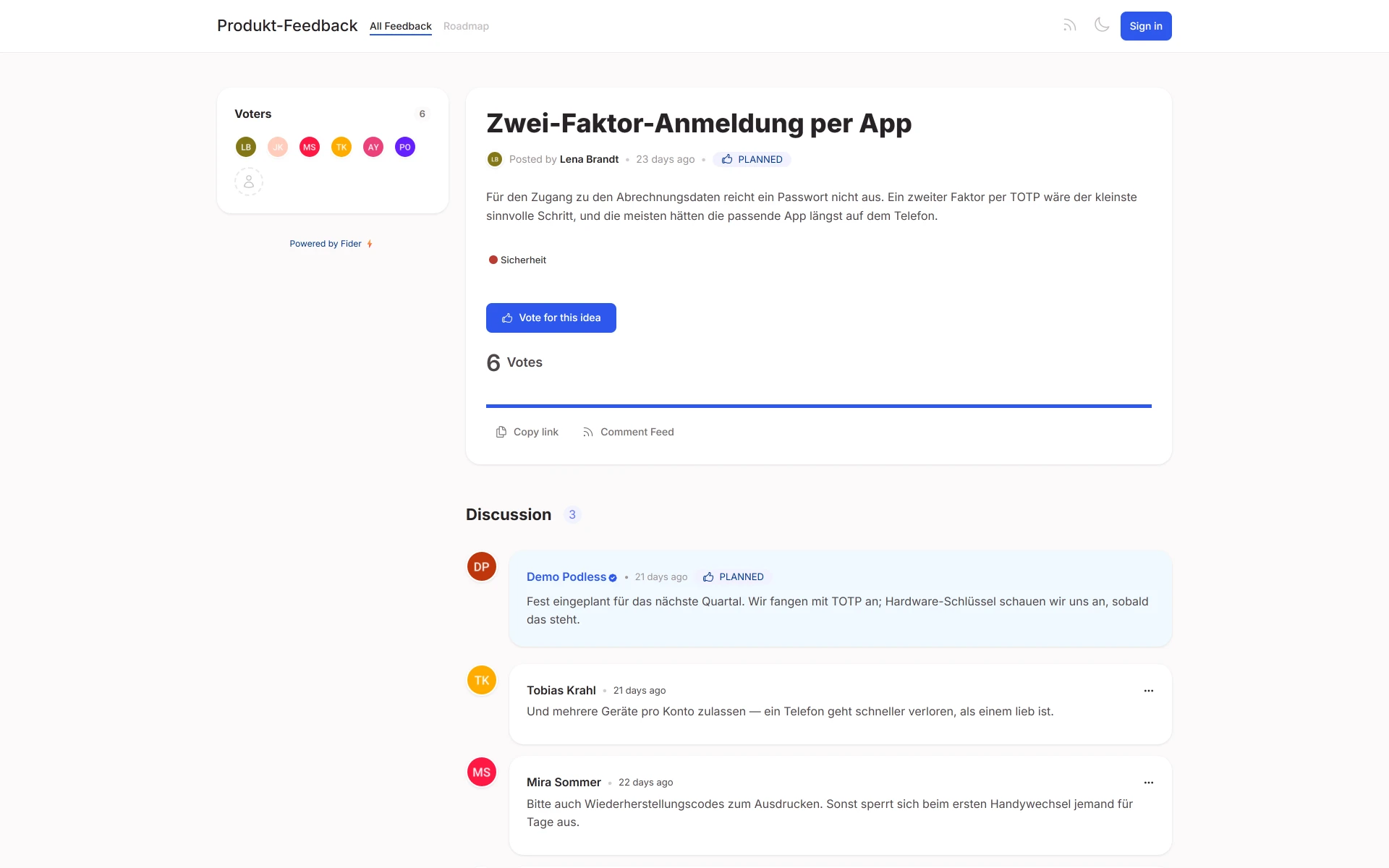 Fider, screenshot 2